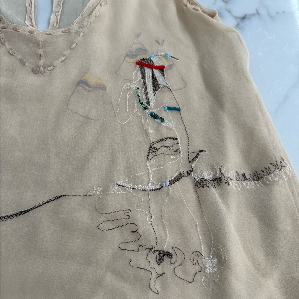 American Retro Beige Embroidered Chiffon Ruffle Tank - Picture 2 of 8